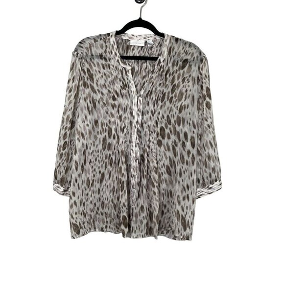 Chicos Animal Print Top XL Brown Sheer Pintuck Neutral Minimalist Resort Classic - Picture 1 of 13